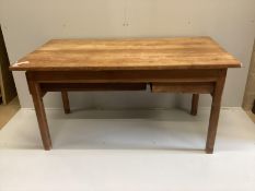 A 19th century French rectangular oak kitchen table, width 150cm, depth 82cm, height 77cm