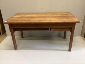 A 19th century French rectangular oak kitchen table, width 150cm, depth 82cm, height 77cm