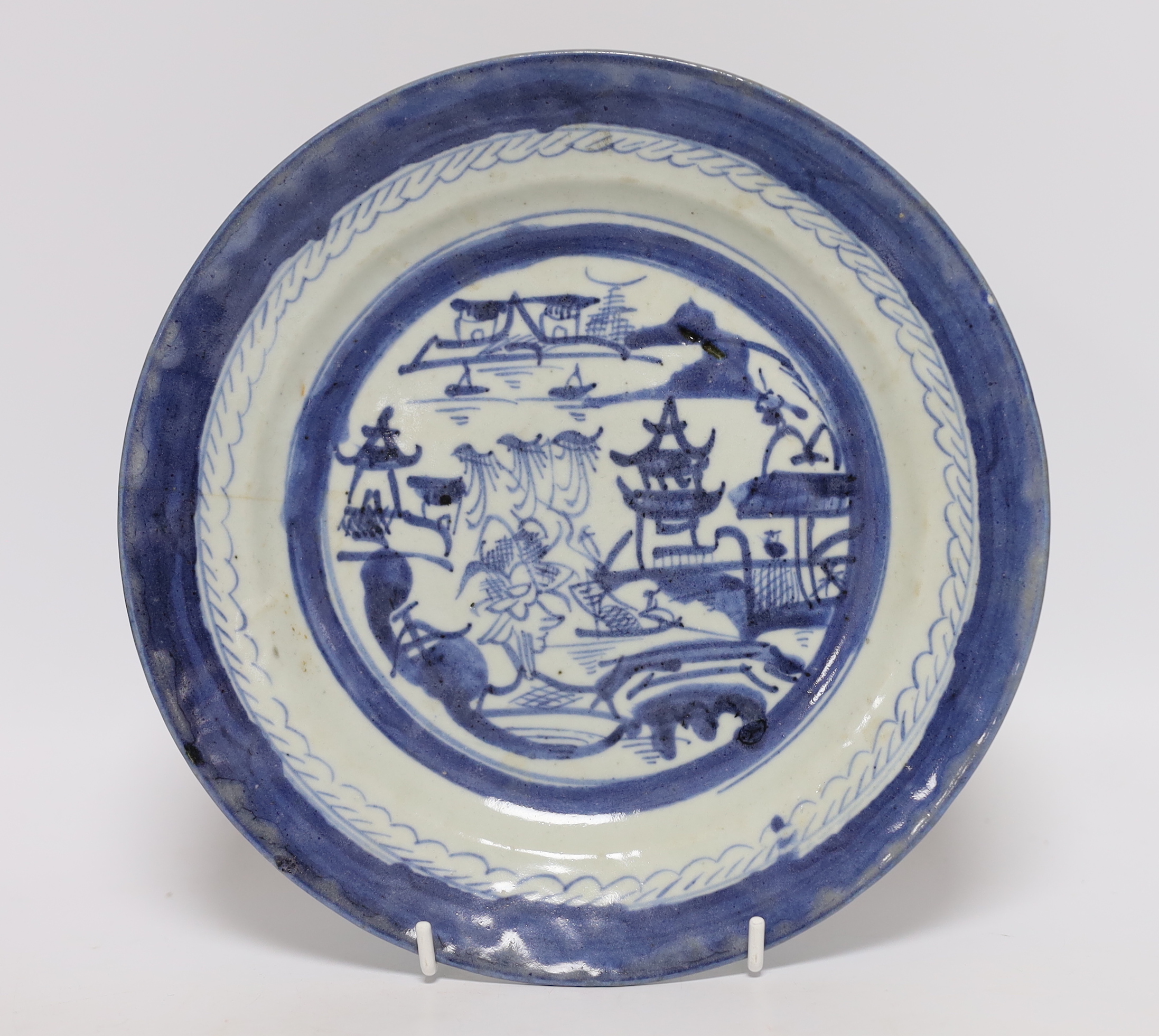 Two Chinese blue and white plates and a similar shallow bowl, largest 26cm high - Image 6 of 7