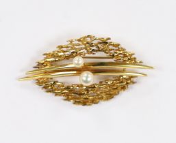 A stylish 1970's? 14ct and two stone cultured pearl set brooch, 48mm, gross weight 9.9 grams.