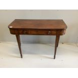An early 19th century mahogany D shaped side table, with strung borders, width 103cm, depth 47cm,