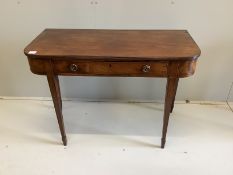 An early 19th century mahogany D shaped side table, with strung borders, width 103cm, depth 47cm,