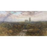 WSS, 19th century watercolour, Shepherd and flock with Canterbury cathedral in the distance,