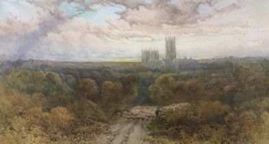 WSS, 19th century watercolour, Shepherd and flock with Canterbury cathedral in the distance,