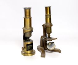 Two 19th century microscopes; a student’s field microscope together with another on a brass stand,