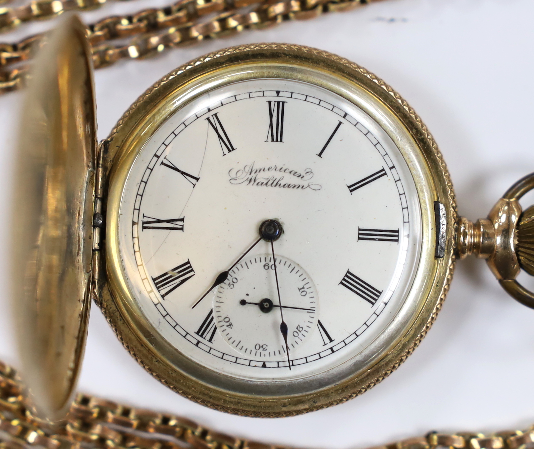 An American Waltham engraved gold plated hunter pocket watch, case diameter 42mm, together with a - Image 2 of 4