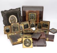 A collection of mid 19th century ambrotype portrait photographs, all mounted in brass etc frames,