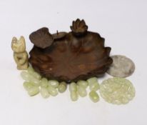 A collection of Chinese items including a bronze tray in the form of a water lily, two bowenite or