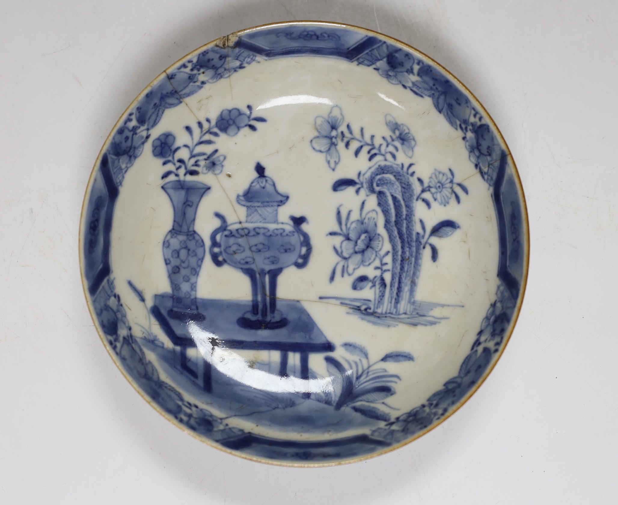 Two Chinese blue and white plates and a similar shallow bowl, largest 26cm high - Image 2 of 7