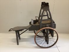 A late 19th / early 20th century French painted wood and iron wool threshing cart, length 146cm,