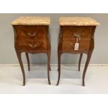 A pair of French Louis XVI style marquetry inlaid kingwood marble topped bedside cabinets, width