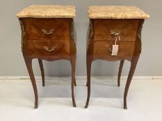 A pair of French Louis XVI style marquetry inlaid kingwood marble topped bedside cabinets, width