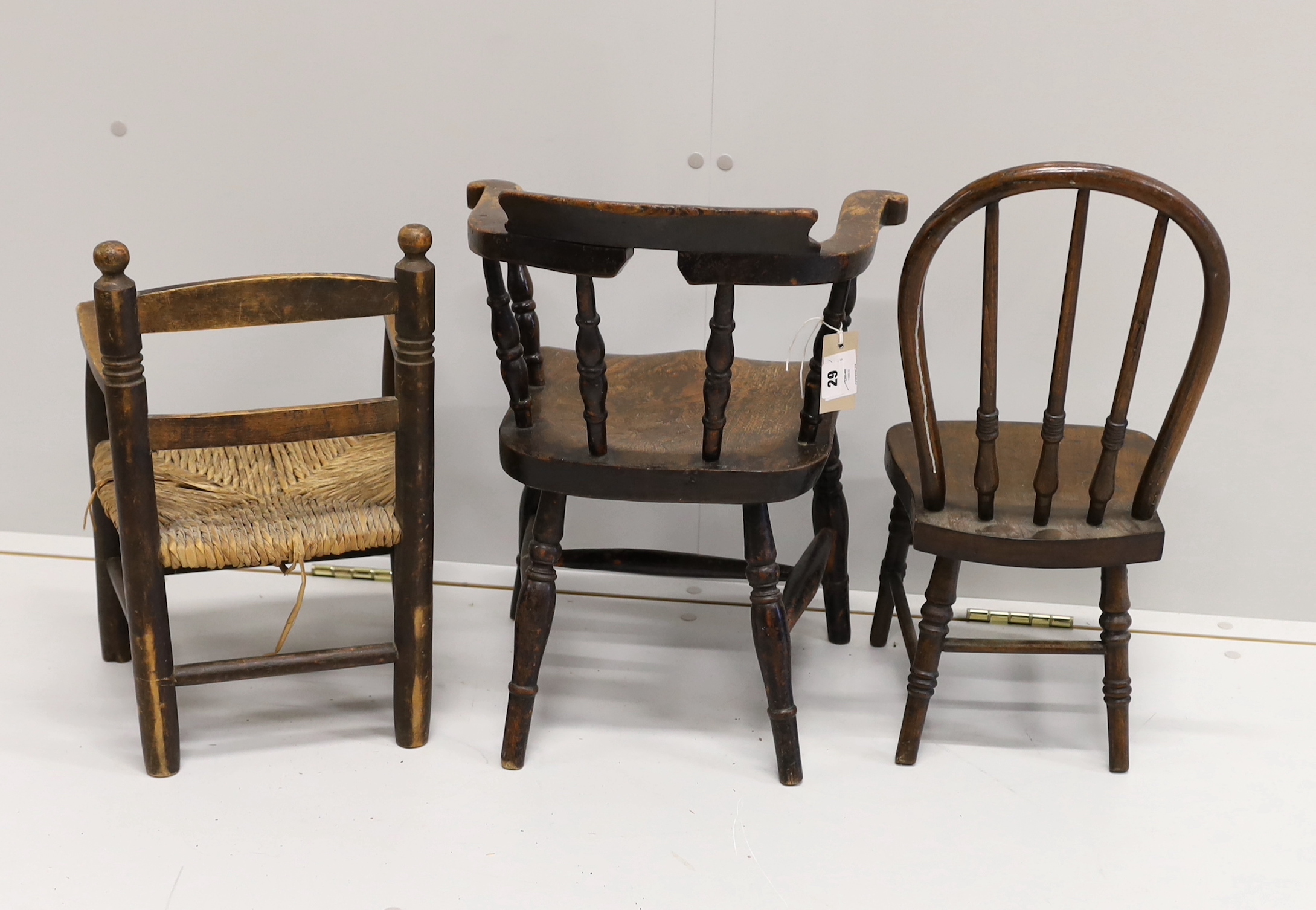 A child's Victorian elm and beech bow chair, a single chair and a rush seat chair - Image 4 of 4