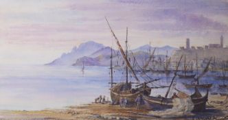 19th century English School, watercolour, Cannes harbour scene, moored fishing boats, inscribed,