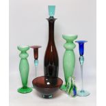 A quantity of various glass to include a Royal Copenhagen Harlekin glass decanter, two candlesticks,