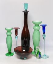 A quantity of various glass to include a Royal Copenhagen Harlekin glass decanter, two candlesticks,