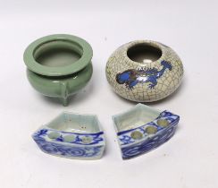 Four Chinese ceramic items; a celadon glazed tripod censer, a miniature vase and two incense