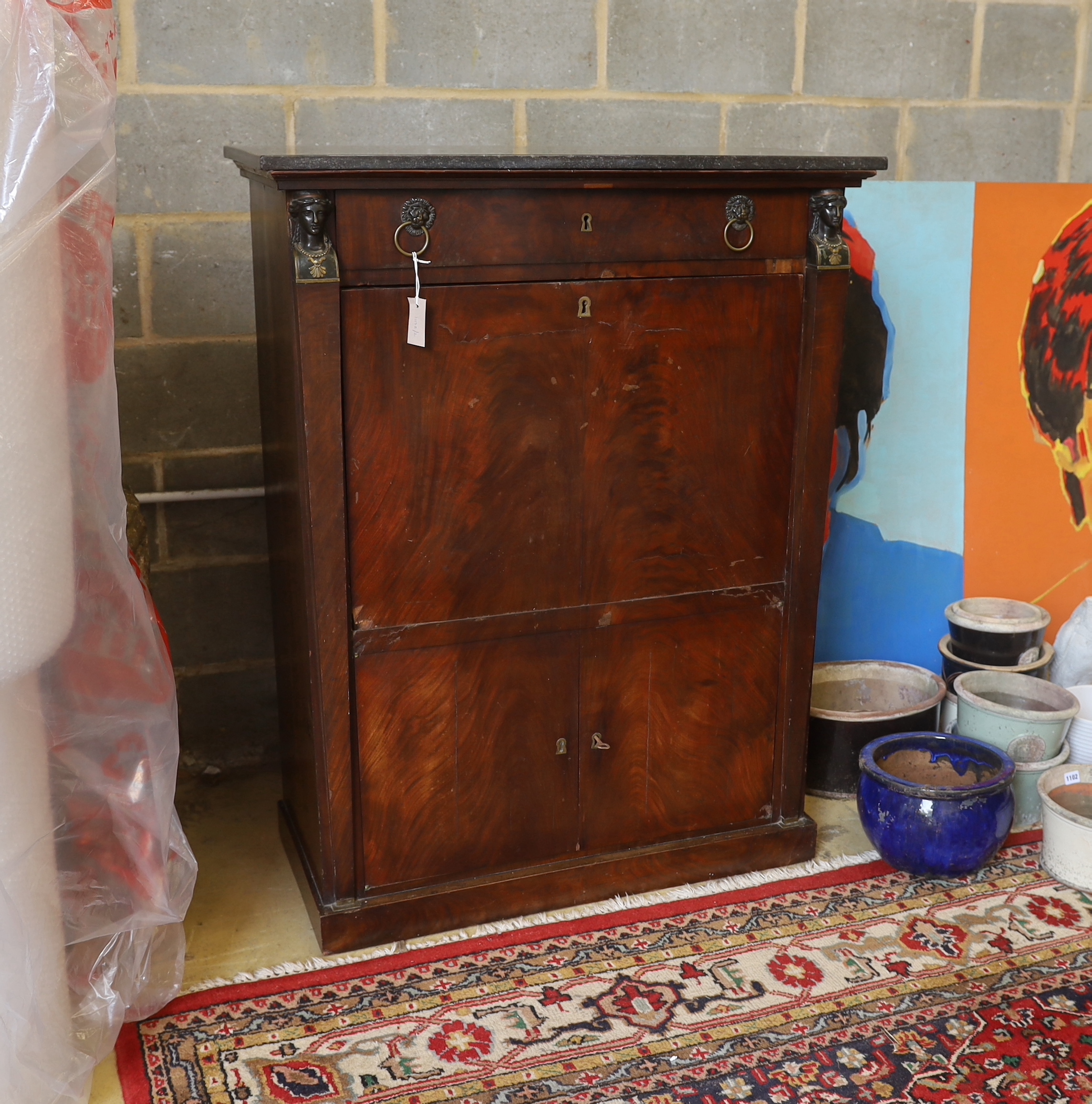 A 19th century French Empire marbled top secretaire à abbatant, width 96cm, depth 45cm, height