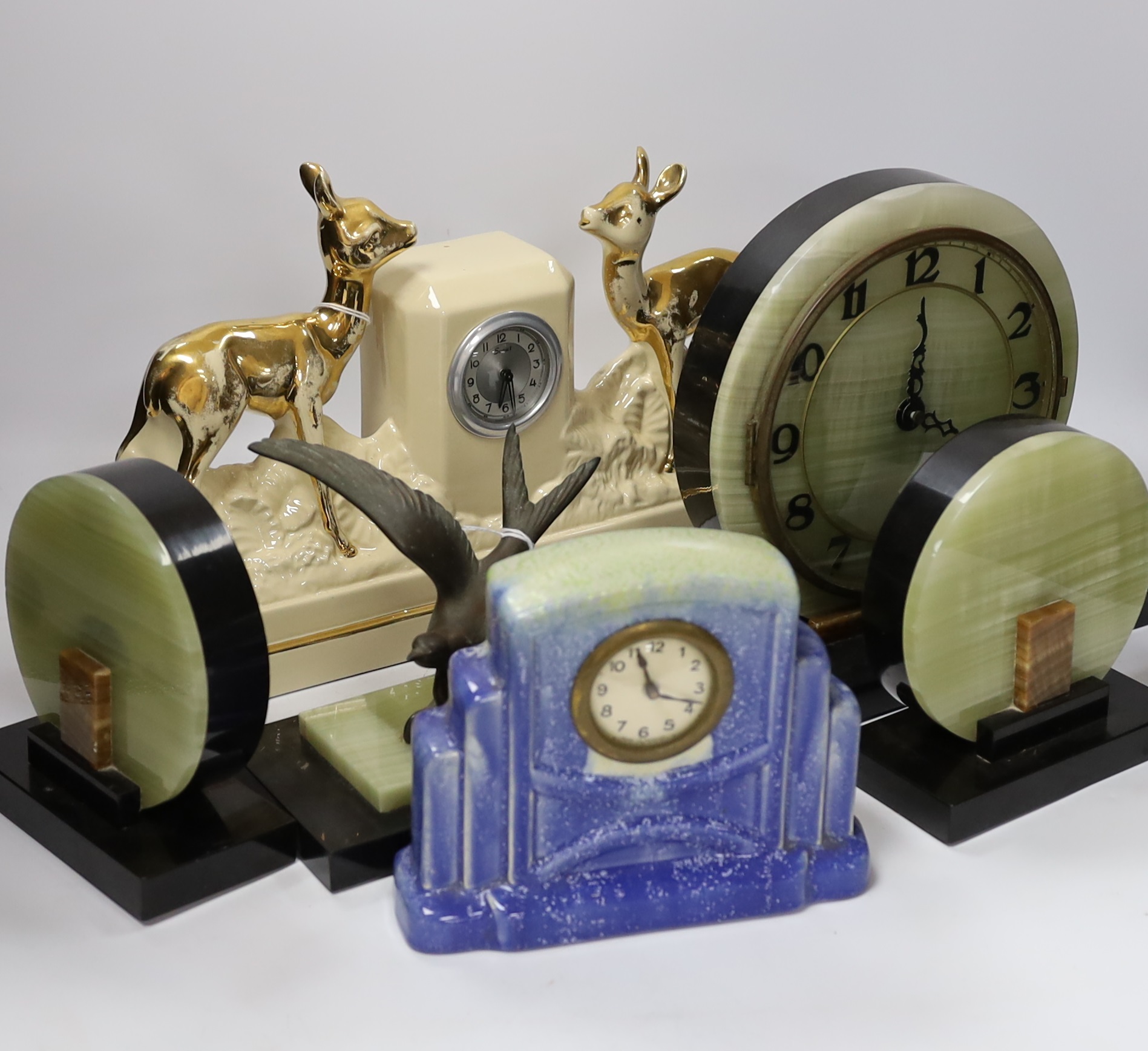 A French Art Deco green onyx clock garniture with bluebird spelter mount, together with two French - Image 3 of 4