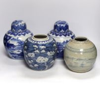 Four Chinese ginger jars, including a blue and white pair with covers and a prunus flower example,