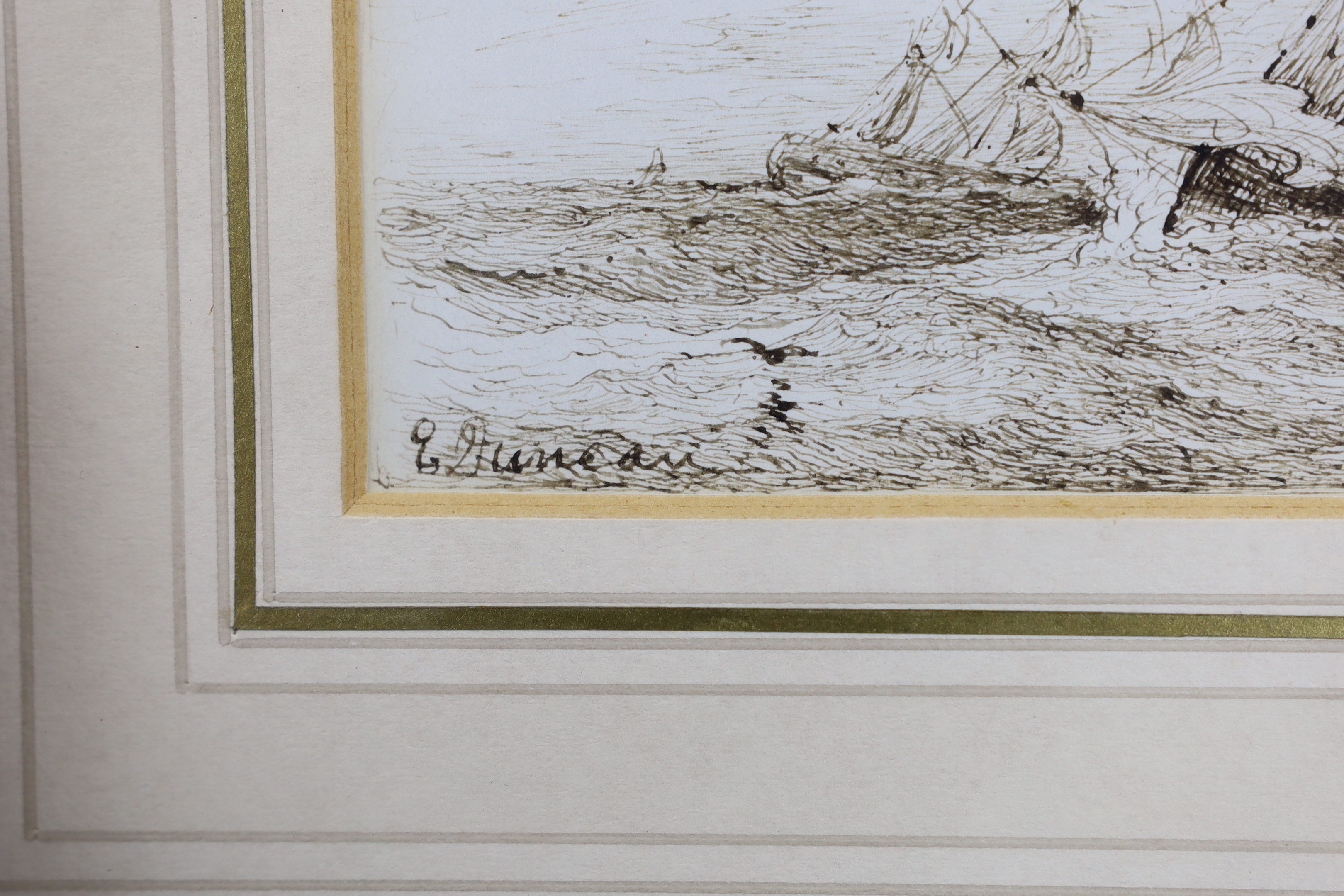 Edward Duncan RWS (1803-1882), pen and ink, Ships at sea, signed, 15 x 8cm - Image 3 of 4