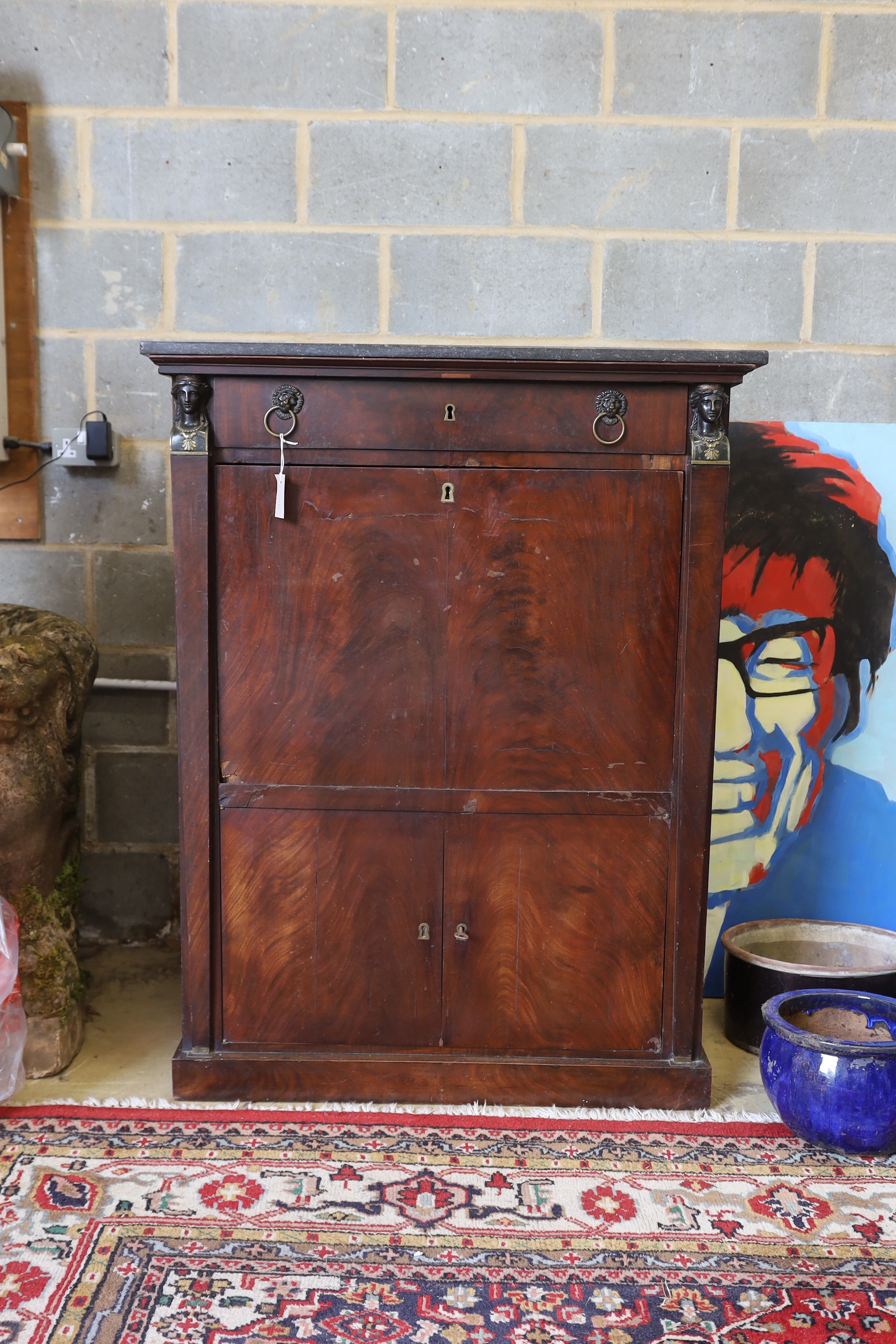 A 19th century French Empire marbled top secretaire à abbatant, width 96cm, depth 45cm, height - Image 2 of 4