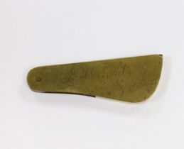 A brass and steel fleam, dated Sep 10th 1833, inscribed E Wright, 8.5cm folded