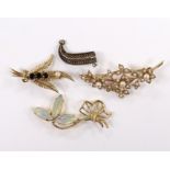 Three assorted modern 9ct and gem set foliate brooches, including garnet, seed pearl and jelly opal,