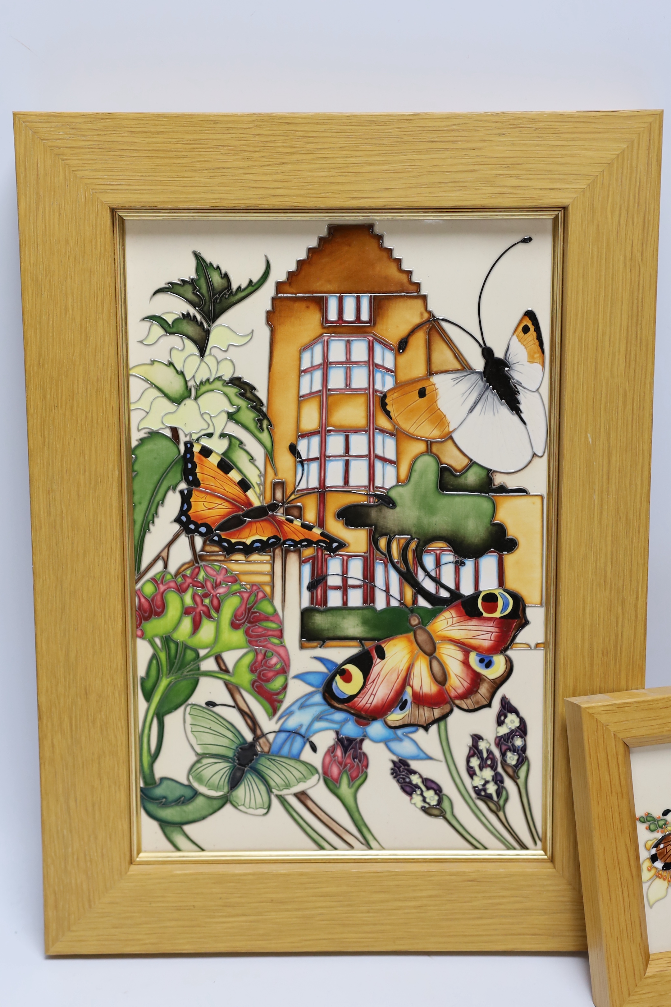 A Moorcroft Rachel Bishop wall plaque of butterflies and a similar smaller plaque, both in oak - Image 3 of 4