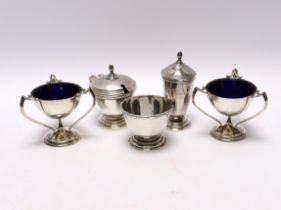 A pair of Edwardian Art Nouveau silver tri-handled salts, Richard Richardson, Sheffield, 1905,