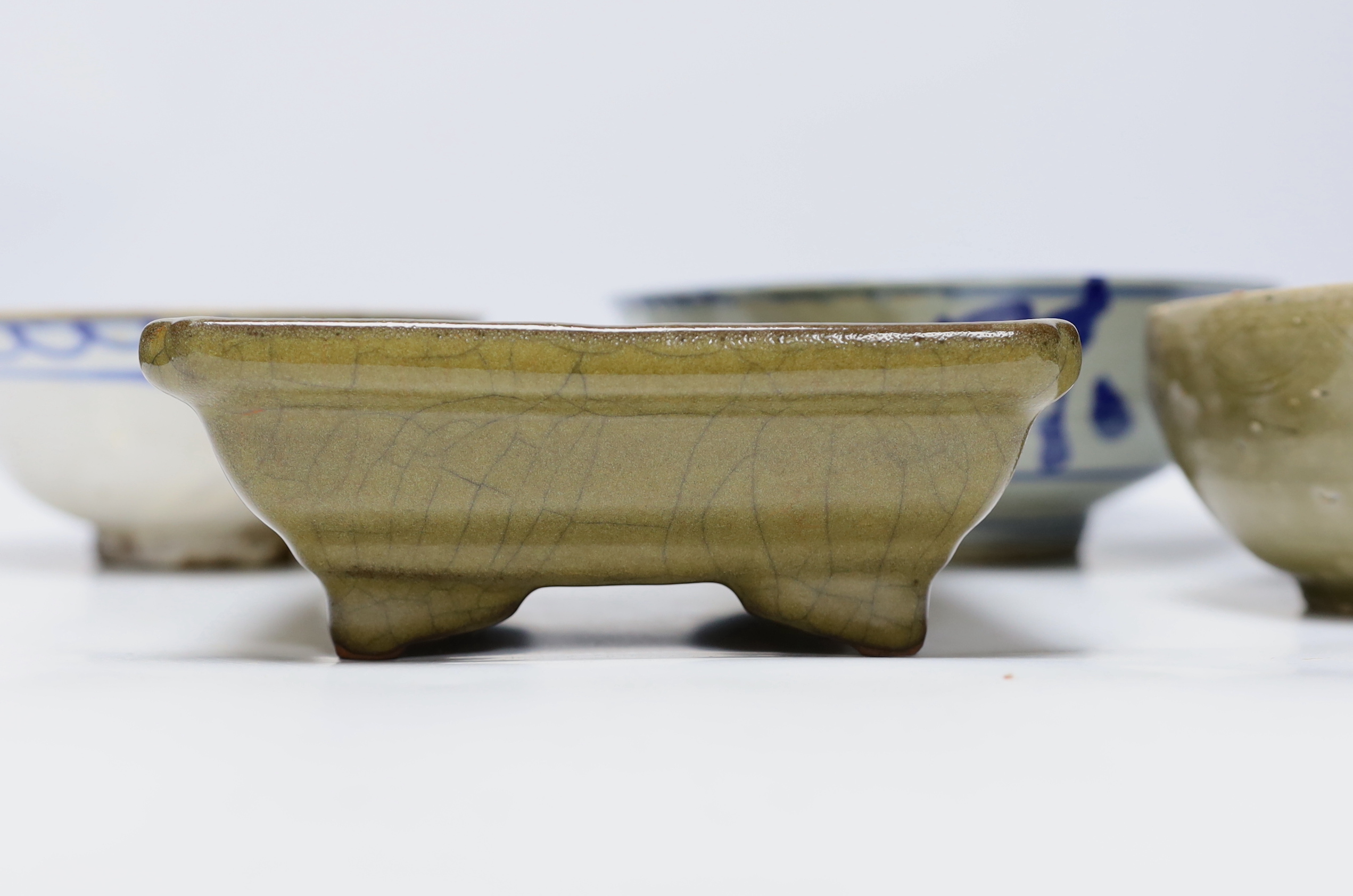 Three Chinese bowls including two blue and white examples, together with a ge ware type square dish, - Image 2 of 7