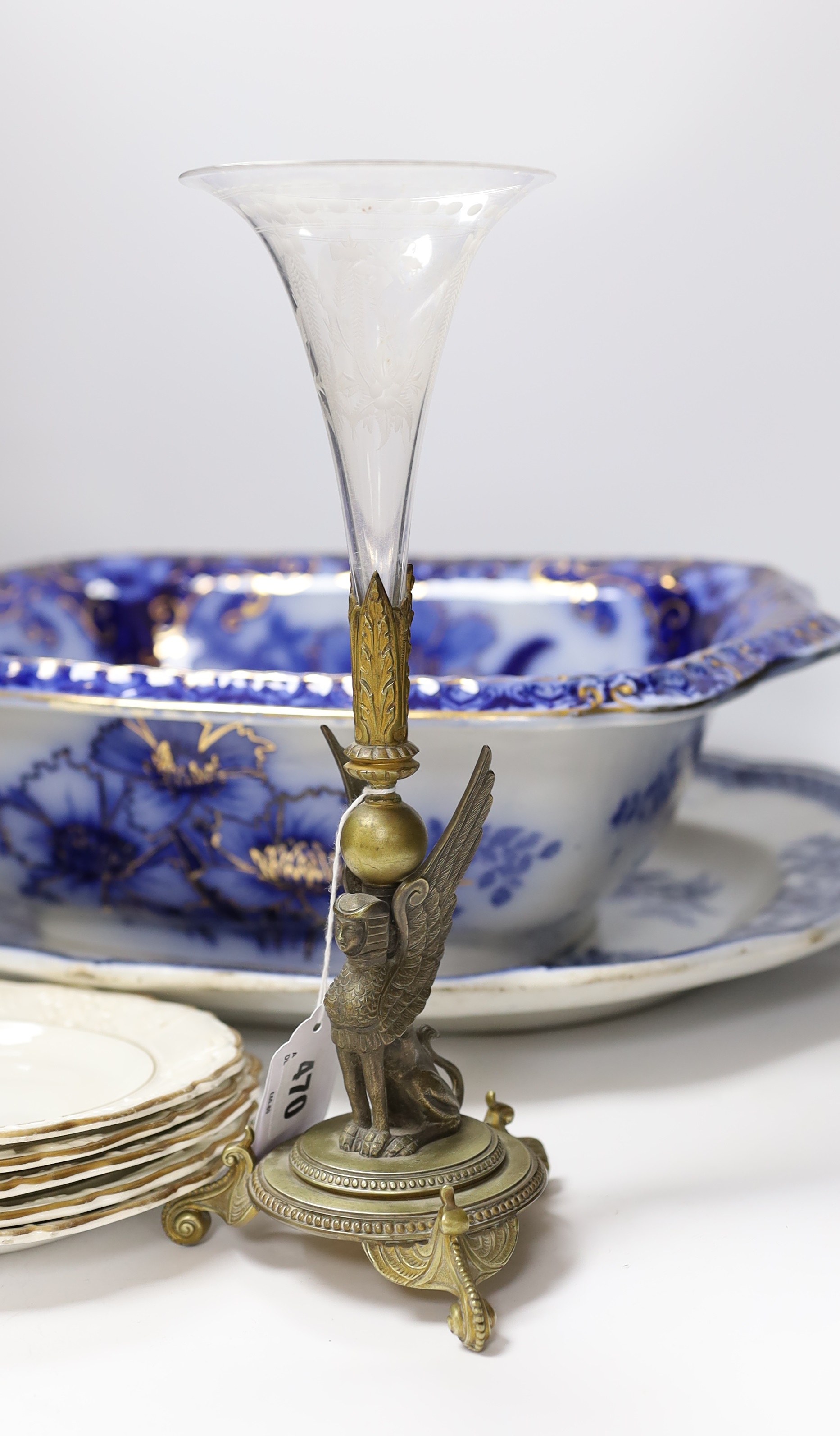 A Flow blue and gilt decorated bowl, a blue and white meat platter, a Royal Doulton vase, a gilt - Image 2 of 6