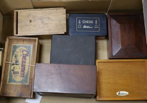 A collection of chess sets (six boxed) and one set of draughts, two boxes marked Jaques