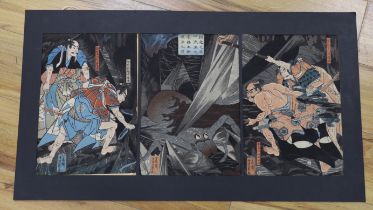 Utagawa Yoshikazu (act.1850-1870) Japanese woodblock triptych, The Earth Spider Slain by Raiko's