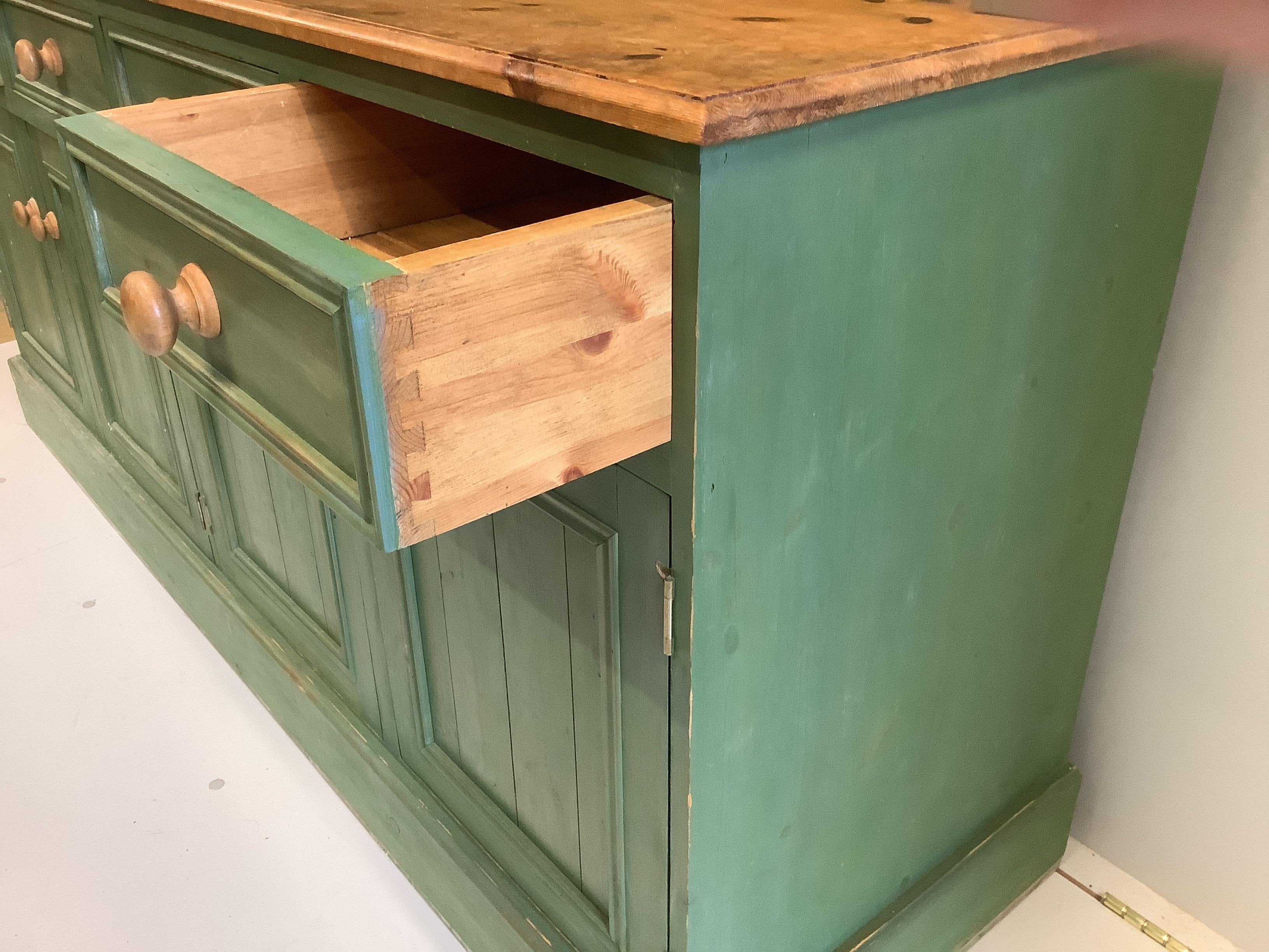 A Victorian style part painted pine dresser with boarded rack, width 172cm, depth 50cm, height - Image 3 of 3