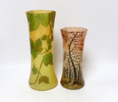 Two early 20th century French enamelled glass vases, 29cm