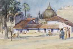 E.N. Whitty, watercolour, figures before buildings Bankapora, India, signed and inscribed, 39 x