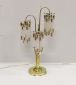 A contemporary brass and perspex three branch table lamp, height 91cm