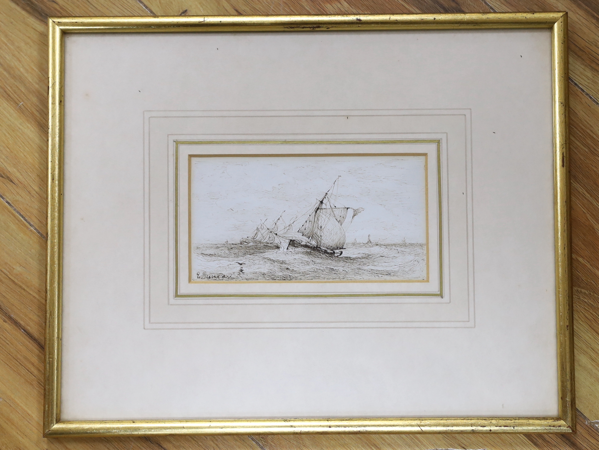 Edward Duncan RWS (1803-1882), pen and ink, Ships at sea, signed, 15 x 8cm - Image 2 of 4