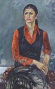 Derek Sayer (b.1917), oil, Portrait of a seated Iranian lady, signed and inscribed, 75cm x 48cm