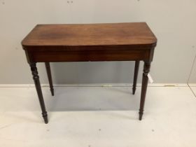 A Regency rectangular mahogany folding card table, width 92cm, depth 44cm, height 75cm