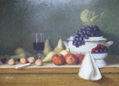 Robert McKellar (1945-2009) oil on board, Still life of fruit and vessels, signed, 55 x 40cm