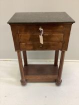 A 19th century French marble topped three drawer work table, width 49cm, depth 32cm, height 77cm