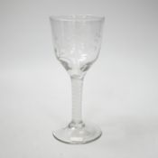 An English lead crystal DSOT goblet, c.1760, ogee bowl with tool marks and engraved with polished