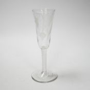 An English lead crystal DSOT ale glass, c.1760, elongated round funnel bowl finely engraved with