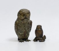 An Austrian cold painted bronze model of an Owl and a similar smaller metal owl, bronze owl 6cm