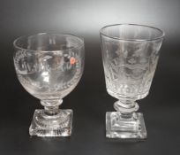 Two rummer style 18th century square-based goblets, both with etched designs, one a coat of arms,