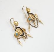 A pair of Edwardian yellow metal, black enamel and turquoise coloured bead set drop tassel earrings,