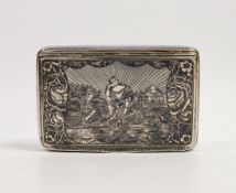 A 19th century Russian? white metal and niello rectangular snuff box, decorated with a pensive
