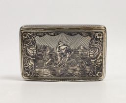 A 19th century Russian? white metal and niello rectangular snuff box, decorated with a pensive